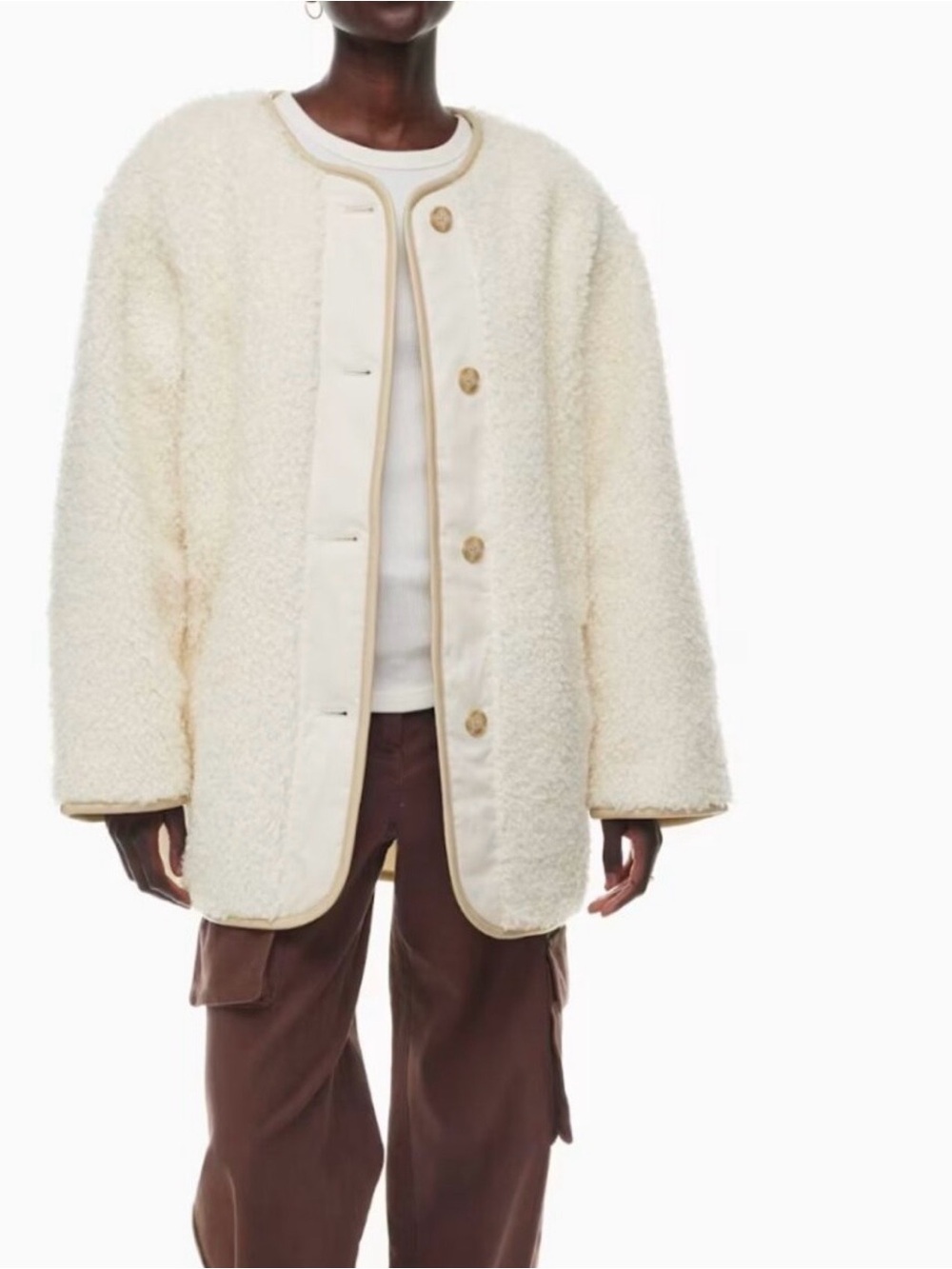 Aritizia- Wilfred Free Cream Teddy Sherpa Jacket with Taupe Trim
